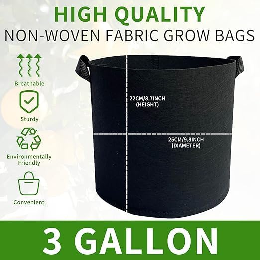 Non-woven fabric plant bags with carrying handles, 3-gallon, bags,and vegetables, 22cm diameter x 25cm height, 3-pack