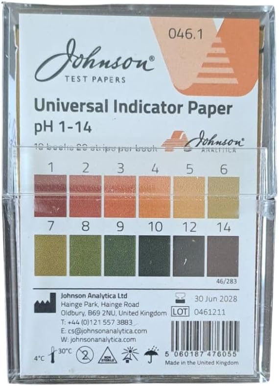 Johnson ,pH, Test, Paper, 1-14 Scale, 10 Strips, for Measuring Acidity and Alkalinity, Laboratory Use