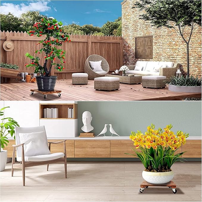 Wooden, plant, stand, with 12-inch (30 cm) wheels, square plant, roller with lockable metal wheels,