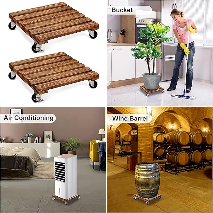 Wooden, plant, stand, with 12-inch (30 cm) wheels, square plant, roller with lockable metal wheels,